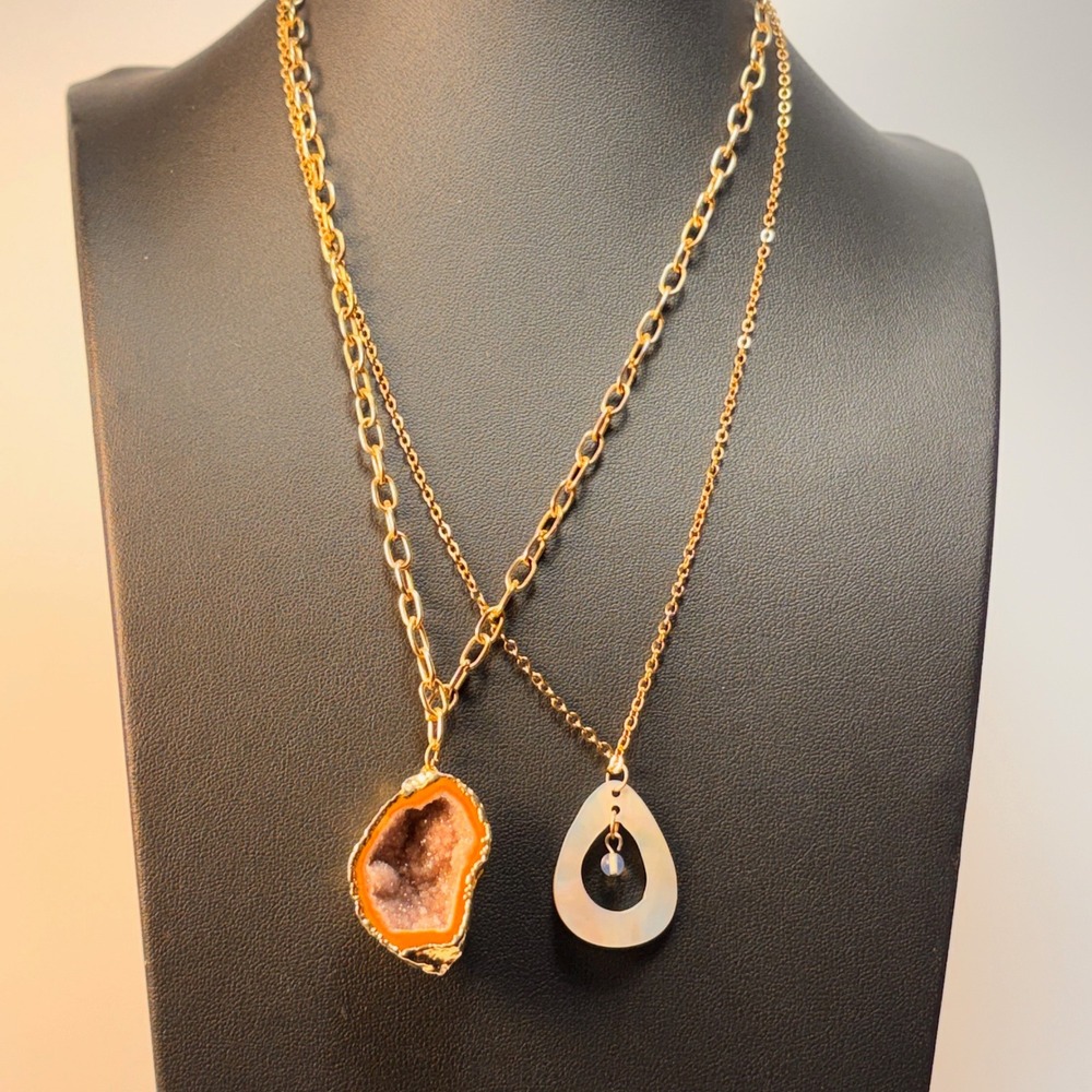 Geode and Shell Pendant Necklace Set Gold Tone Boho Statement Whimsygoth Jewelry